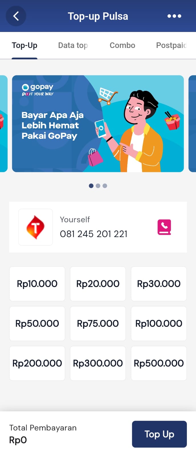 Halaman top-up pulsa di aplikasi LokaPay